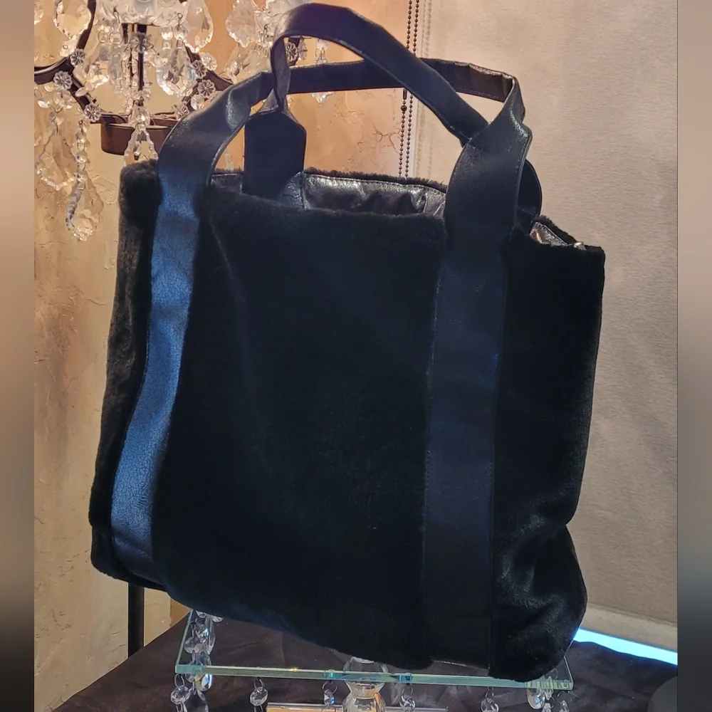 Sondra Roberts Classic Square Black Faux Fur Open Tote Bag + Gunmetal ZipCase